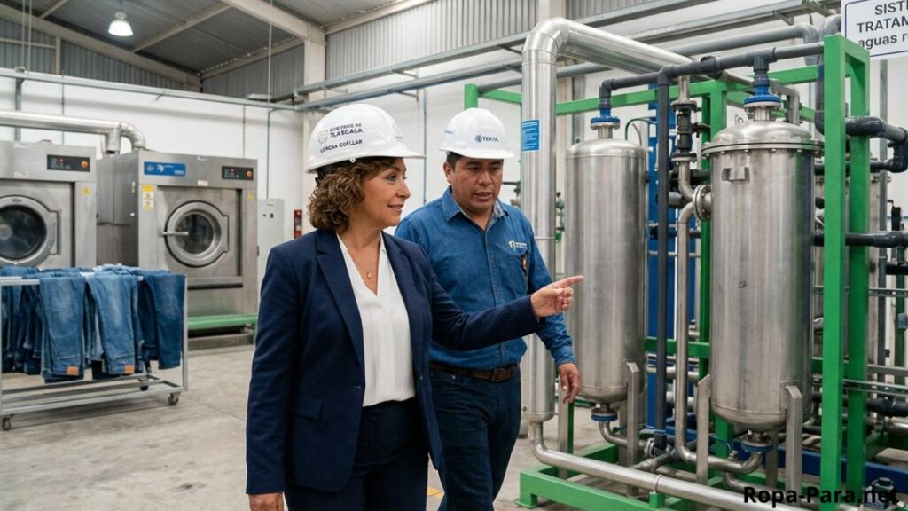Lorena Cuéllar recorre planta privada de tratamiento en lavandería de mezclilla en Tepetitla