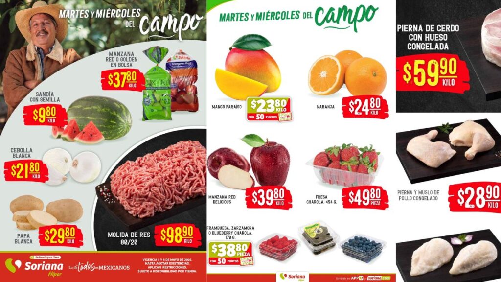 Martes y Miércoles del Campo Soriana 5 y 6 de mayo 2026 OFERTAS en frutas, verduras y carnes