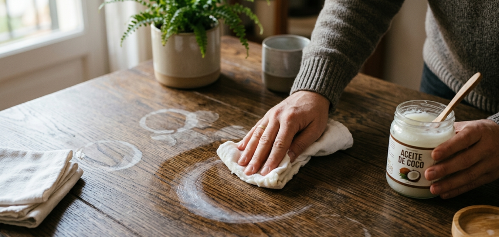 eliminar las marcas de agua de la madera con aceite de coco