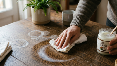 eliminar las marcas de agua de la madera con aceite de coco